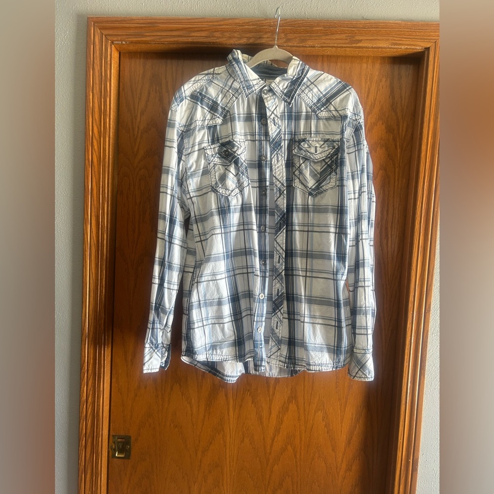 BKE Blue and White Plaid Casual Button Down Shirt